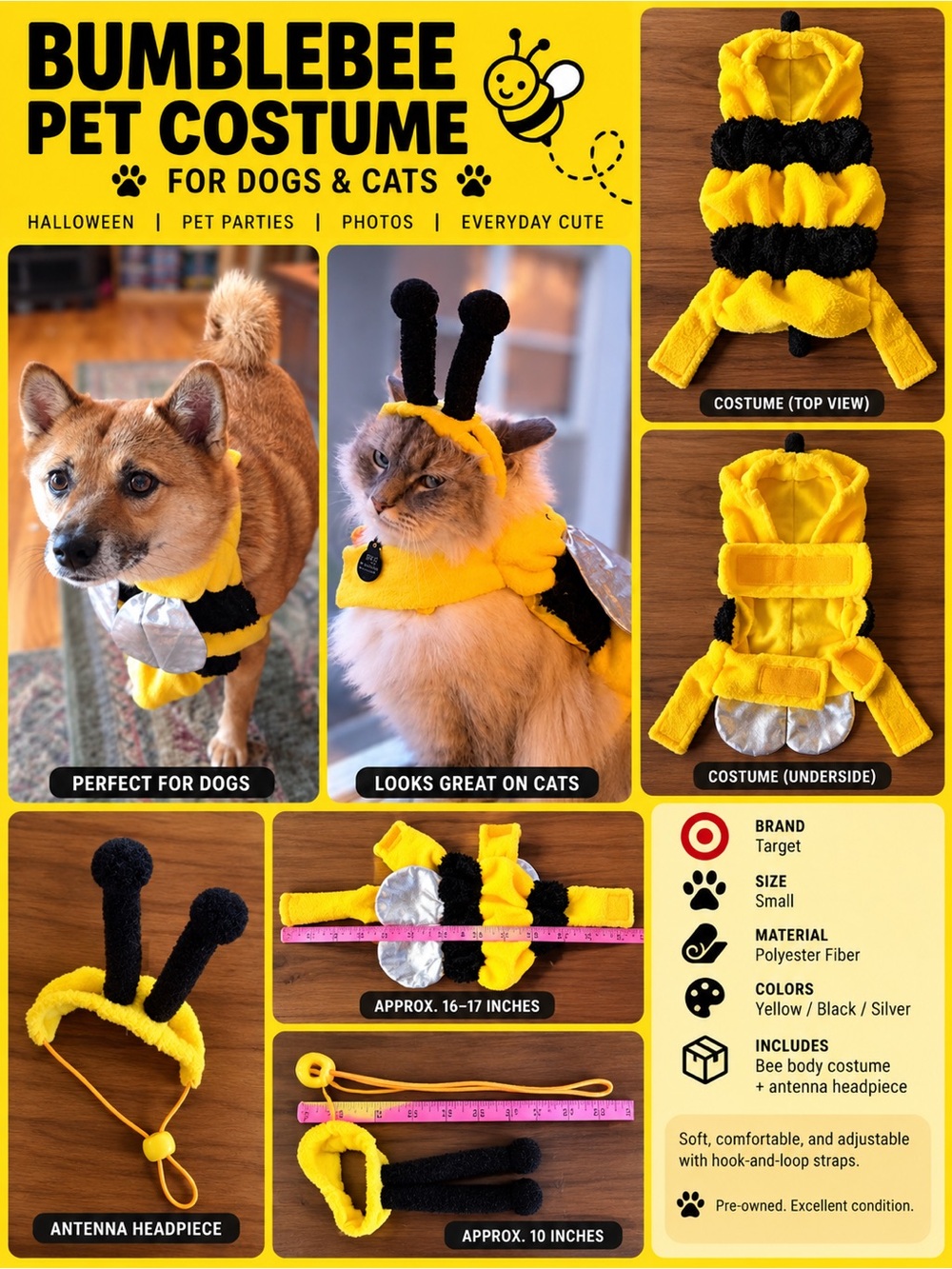 Target Dog / Cat 🐝 Bee Costume Small Yellow Black Wings Antenna Halloween Pet
